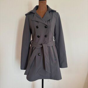 BCX Womens Size S Gray Water-Resistant Hooded Double-Breasted Belted Trench Coat
